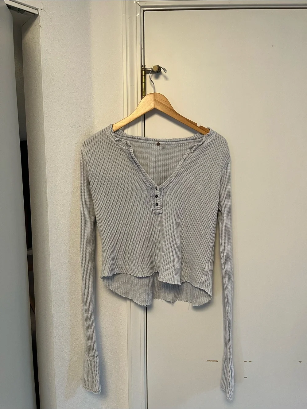 Free People Light blue Waffle Knit Henley Long Sleeve Top